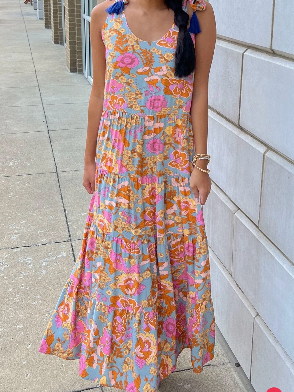 THML Blue Floral Maxi Dress with Pink & Orange Accents